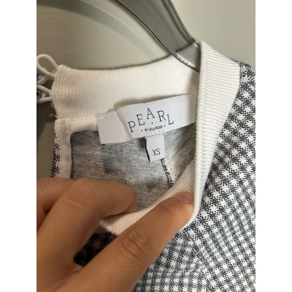 PEARL by Lela Rose XS Grey and White Gingham Crewneck Pullover Long Sleeve Top - Picture 5 of 12